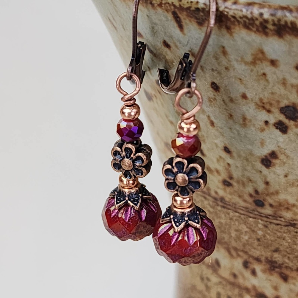 Copper & Cranberry Czech Glass‎ Flower Earrings, Handmade